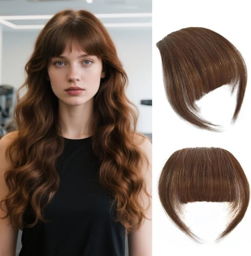 Clip-in Luftpony aus Remy-Echthaar, natürlicher Glanz Luftpony Haarteil für Damen (French Bangs,Light Brown)