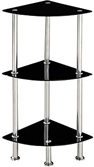 Modernique Glass Shelf Tier Storage Unit, Corner in Black or Clear Glass with Chrome Stand, Shelving Unit (Black, Tier 3)