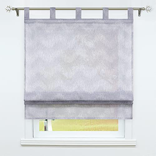 SCHOAL Raffrollo mit Schlaufen Raffgardine Landhaus Küche Gardinen Leinen Schlaufenrollo Wohnzimmer Vorhänge mit Wellen Muster Grau BxH 120x140cm 1 Stück