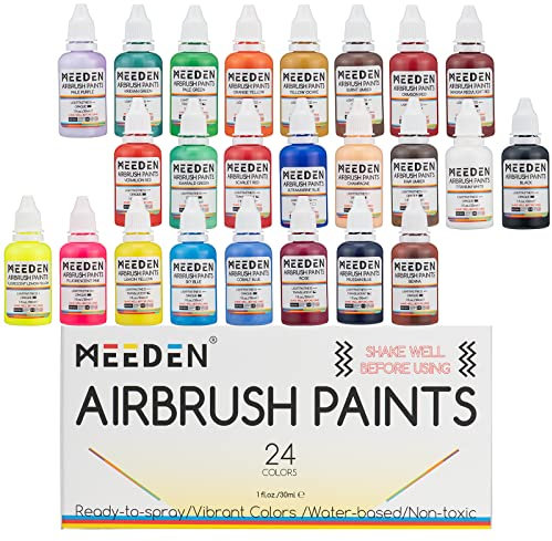 MEEDEN Airbrush Farbe Set, Airbrush Farbset(24x30 ml), sprühfertig, deckende und durchscheinende Farben, auf Wasserbasis, Premium-Airbrush-Farbset für Anfänger, Hobbyisten und Künstler