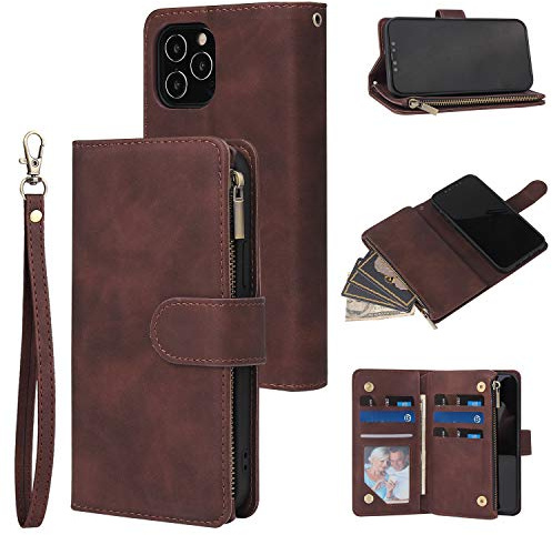 QLTYPRI Case for iPhone 13 Pro, Large Capacity Leather Wallet Case 6 Card Holder & 1 Zipper Pocket Kickstand Wrist Strap Magnetic Case for iPhone 13 Pro - Coffee Brown