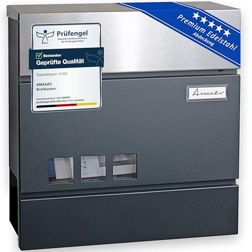 AMAAZU Briefkasten anthrazit - Edelstahl, mit Sichtfenster und Namensschild, Postkasten mit Zeitungsfach, Schloss mit 2 Schlüsseln, Briefkästen mit Zeitungsrolle, Wandbriefkasten RAL7016, Postbox XXL