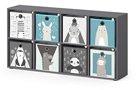 Vicco Kinderregal Grau Scutum mit 8 Faltboxen - 143x72x29 cm gefertigt aus Spanplatte - Bücherregal perfekt fürs Kinderzimmer, praktische Aufbewahrung für Bücher und Spielzeug