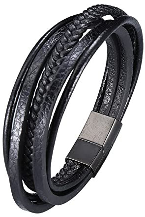 Skcess Männer Lederarmband Schwarz，Herren Armband Leder 5-Lagiges Lederarmband Rostfreier Stahl Magnetarmband Herren 18.5cm