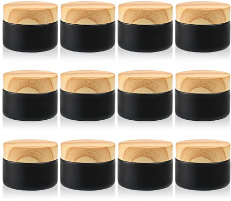 DMuuuDM 12 Pcs 1 Oz Frosted Cream Jar,Empty Refillable Glass Cosmetic Container Jars Holder with Inner liner,Wood Grain Lid for moisturizer,Foundation,Lotion,Ointment-Black