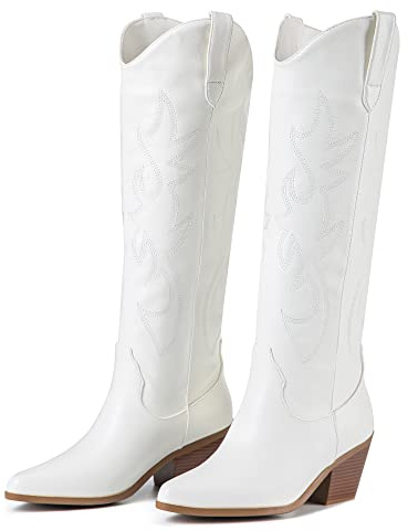 ZXHYZLZ Cowboystövlar för kvinnor med 5 cm (2 tum) klack, bekväma, höga, knähöga, västerländska cowgirl-stövlar med spetsig tå för kvinnor, klassisk broderad tjock klack, Vitt, 40.5 EU