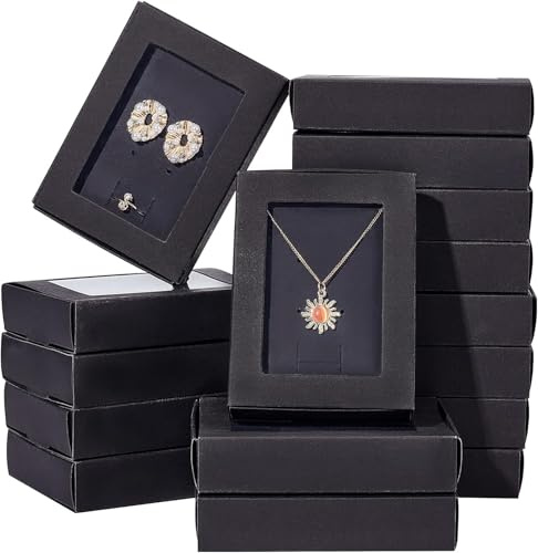 FINGERINSPIRE 16 teilige Schubladenbox aus Kraftpapier mit durchsichtigem Fenster 11,5x8,5x2,5cm schwarzer Karton Schmuck Halskette Ringboxen Schmuck-Geschenkboxen rechteckige Geschenkbox