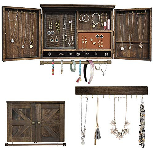 MULIFEE Rustic Wall Mounted Jewelry Organizer,Vintage Wooden Hanging Jewelry Holder Box with Barndoor Decor for Necklaces, Earings, Bracelets, Rings, Accessories. Includes Hook Organizer