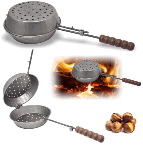 MASTRO SPIEDINO Padella Forata per Castagne 26 cm – Ribaltabile Girevole in Ferro, Ideale per Camino, Brace, Fuoco o Fornello a Gas – Padella per Caldarroste, Ottima per Mandorle, Ceci e Semi Vari