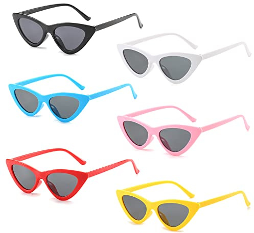 Bztzhm 6 Stück Neon Brillen Set, Retro Vintage Schmale Cateye Sonnenbrille, Vintage Cat Eye Sonnenbrille, Retro Cateye Sonnenbrille, Partybrillen, für Themenpartys, Kostümanpassungen, Reisen
