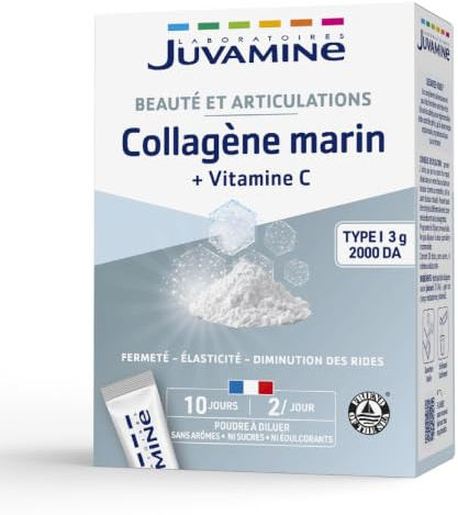 JUVAMINE Collagène Marin Type I 3000mg + Vitamine C - Fermeté - 20 Sticks | Souplesse et Confort Articulaire, Antioxydant, Eclat et Elasticité de la Peau, Assimilation Optimisée, Fabriqué en France
