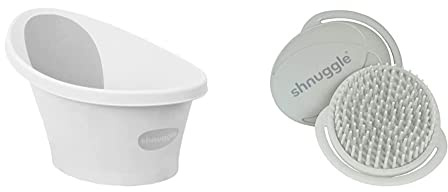 Shnuggle Newborn Baby Bath | Built in Support Bump and Soft Backrest | Suitable from Newborn & Baby Bath Brush | Soft Brush Helps to Massage Away Cradle Cap - Grey