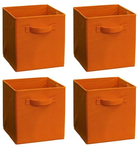 JaHECOME Set of 4 Fabric Storage Boxes Orange Foldable Cube Storage Bins Organizer Basket with Handles for Drawers Shelves in Bedroom, Nursery Office, Playroom (ORANGE)