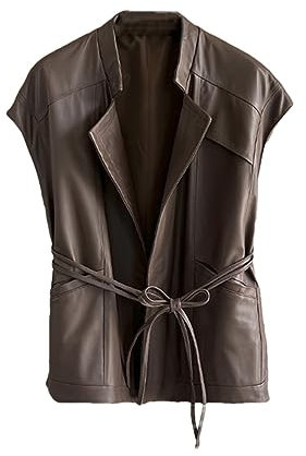 Hdhdeueh Damen Lederweste Midi-Länge Schaffell Weste Schnürweste Ärmellos Mantel Große Taschen, braun, 46