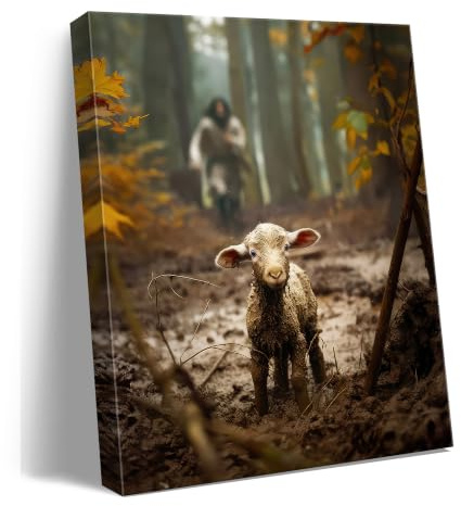 Religious wall decor for prayer room Christian wall art for Christmas decorations indoor Jesus and Lamb canvas wall prints Jesus Running After Lost Lamb Picture for home decor Baptism gifts for boys-girl serenity prayer wall art Christian gifts for Women,christians,pastor,teachers,Mother's A-333
