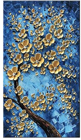 XIUWOUG Bilder Acryl Abstrakt Golden Blumen | Acrylbilder auf Leinwand 100% handgemalt | Gemälde Glücks-Baum | Wandbilder modern,40x80cm(With frame)