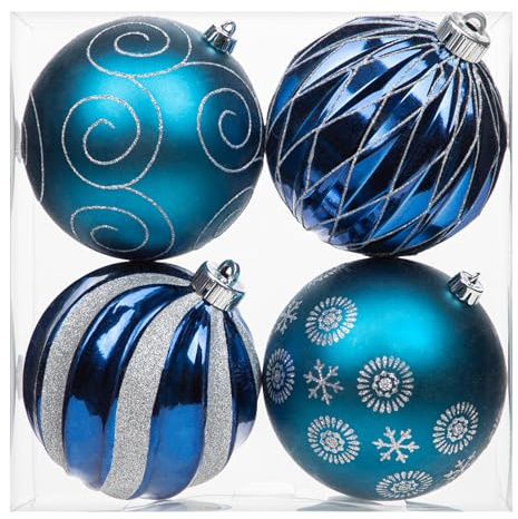 Ø12cm 4er-Set Weihnachtskugeln Große Kunststoff Christbaumkugeln Weihnachtsdeko Weihnachtsbaumschmuck Set Ornament Weihnachten Deko für Weihnachtsbaum Christbaumkugeln, Blau-Silber