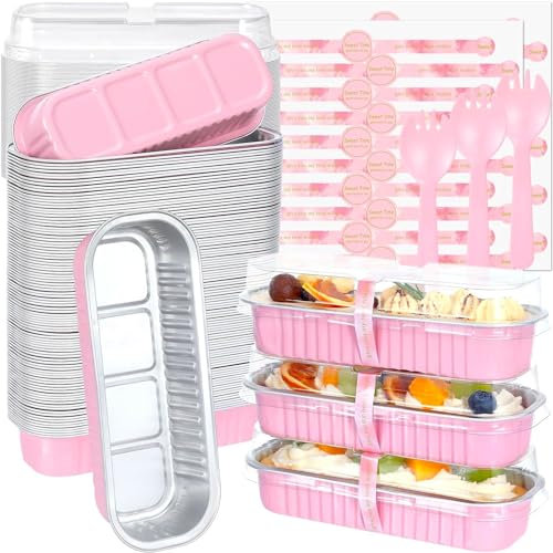 KAHEIGN 50 Piezas Mini Moldes Para Pan Con Tapas Y Cucharas, 200ml Rectangulares Aluminio Papel Contenedore para Hornear Pasteles con Pegatina de Sellado para Boda Cumpleaño Picnic Fiesta (Rosa Plata)