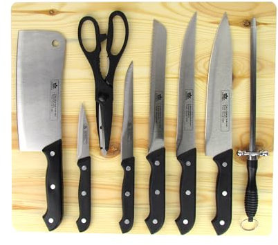 9-tlg. Messerset mit Holzbrett | bestehend aus jeweils 1 Stück Hackbeil, Universalschere, Filet-, Brot-, Fleisch-, Ausbein- und Kochmesser, Wetzstahl, Holzbrett I spülmaschinengeeignet