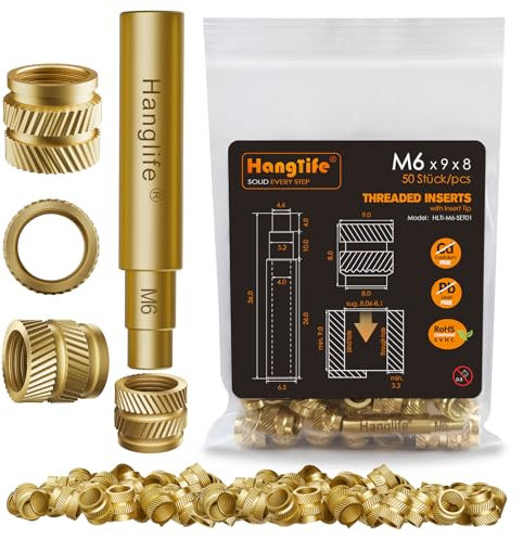 HANGLIFE M6 Gewindeeinsätze mit Lötspitzen Einschmelzhilfe, Einpressmuttern mit Lötkolben Spitzen für 3D Druck Zubehör - Messing Metrische Einschmelzgewinde Gewindehülse - Threaded Inserts(50 Stück)