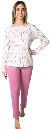 Leo Corsetteria Pyjama long pour femme ouvert avec boutons et poches 100 % coton chaud, Blanc cyclamen, XL