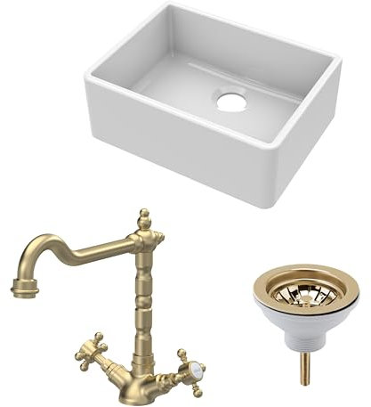 Balterley 595mm Butler Sink Single Bowl with Mono French Classic Crosshead Mixer Tap & Waste, Durable Fireclay Butler White Ceramic Kitchen Sink, Apron Front Single Bowl (White/Brushed Brass)