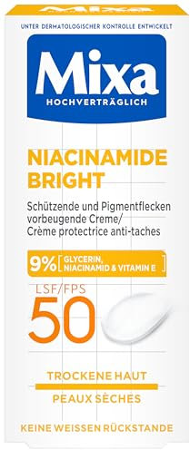 Mixa schützende & Pigmentflecken vorbeugende Creme LSF 50, Anti-Pigmentflecken Creme, Für trockene Haut, Niacinamide Bright, Hypoallergen, 50 ml