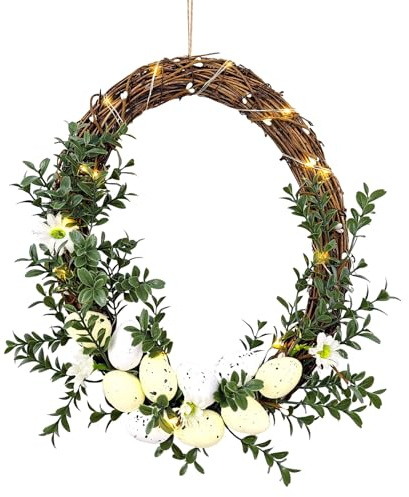 Osterkranz Hase mit LED, Schleife und Blume - Türkranz Tischdeko, Fensterdeko, Wanddeko - Frühling, Ostern, Osterdeko - Natur (Stil 1)