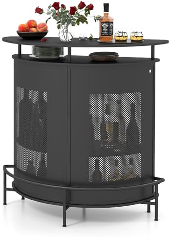 RELAX4LIFE Tavolo Bar Semicircolare con 4 Ripiani e 3 Supporti per Calici, Piano Curvo in Metallo Perforato con Poggiapiedi Integrato, per Cucina, Soggiorno o Angolo Bar (Nero, 110,5 x 48 x 112,5 cm)