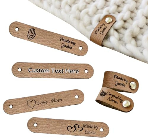 Custom Labels for Crochet and Knits Projects,Personalized Handmade Leather Embossed Tags Embellishment with Rivets,Cute Labels Handmade Items,DIY Jeans Bags Shoes Hat Crafts (Pack of 10)