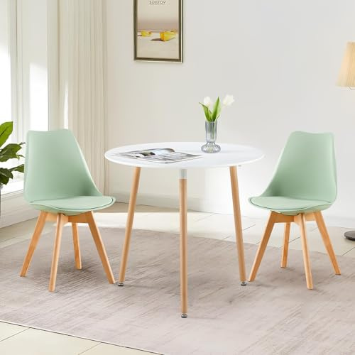 LafeuR Essgruppen Esstisch mit 2 Stühlen, 80cm Rund Esszimmertisch und 2 Skandinavischen Esszimmerstühle Esszimmergruppe für Wohnzimmer Büro Küche(Weiß Tisch+2 Eiscreme-Grün Stühle) | Essgruppen Runder Tisch 80 cm, Skandinavisches Design, Massivholzbeine, für Balkon Küche Büro, 2 Eiscreme-Grün Stühlen