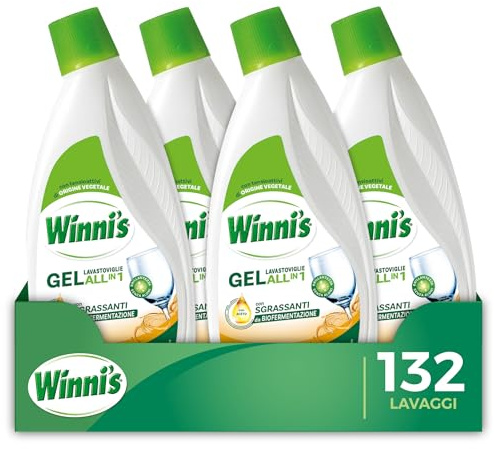 Winni's - Detersivo Gel Lavastoviglie Ipoallergenico, 132 Lavaggi, Azione Detergente, Antiodore e Brillantante, Fragranza di Aceto, con Materie Prime di Origine Vegetale, 561 ml x 4 Confezioni