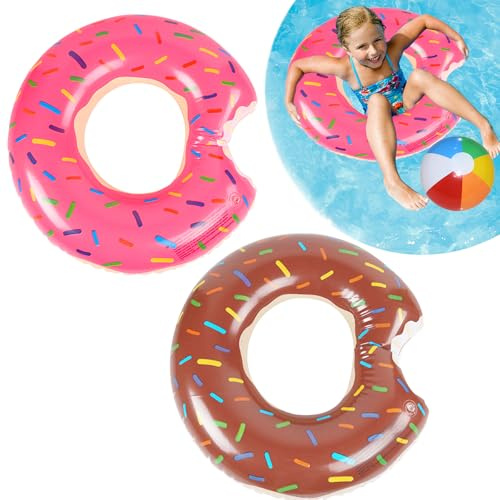 Aufblasbarer Schwimmring für den Pool, 90 cm, Donut-Schwimmringe in Rosa und Braun, mit 1 Strandbälle, Gummiring, Wasserpool für Kinder und Erwachsene, Sommerspielzeug, Strand, Pool, Party, 2 Stück