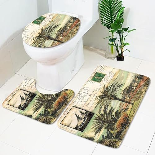 Badezimmerteppich Grüner Vintage Baum WC Vorleger mit Ausschnitt WC Deckelbezug 3 Teiliges WC Teppich rutschfeste Badgarnitur U förmiger Badematte Waschbar Bad Teppiche Set 50x80 cm