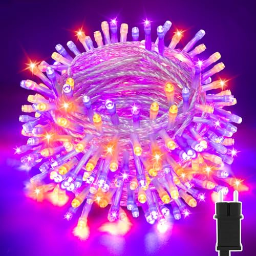 Isisyu Halloween Lichterkette Außen Timer 30M 300 LED Orange Lila Halloween Deko Lichterkette Strom mit Speicherfunktion, 8 Modi Wasserdicht Outdoor Beleuchtung für Garten Balkon Hallowe'en Dekoration