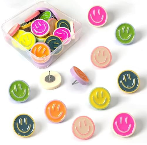 24 Stück Pinnwandnadeln, Kreative Pinnnadeln, Smiley-Gesicht Dekorative Reißzwecke für Bulletin Board Kork Boards Fotos Wand Home Office Decors