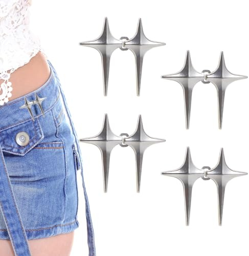 4 Pairs Jeans Buttons Pins, Four-Pointed Star Jean Tightening Clips Jeans Waist Tightener, Adjustable Waist Buckle Tighten Waists for Jean, Pants, Skirts