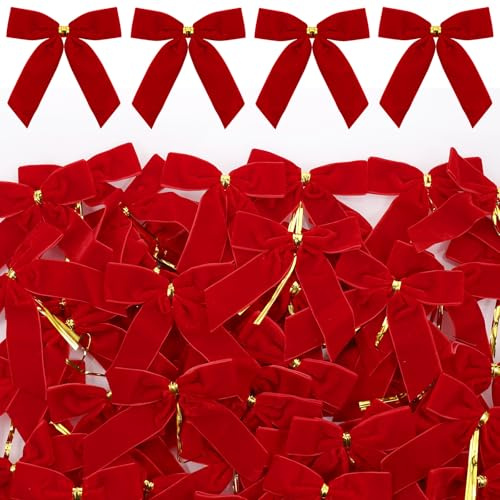 Zourglow 50 Pezzi Fiocchi di Velluto, 12x10cm Fiocchi Decorativi Natalizi per Albero di Natale, Ghirlanda, Decorazioni da Appendere, Confezioni Regalo, Confezioni Fai da Te (Rosso)