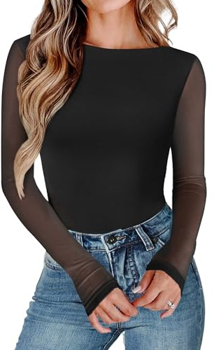 Avidlove Womens Long Sleeve Bodysuit Boat Neck Mesh Bodysuit Double Lined Leotard Dressy Tops for Women Night Out