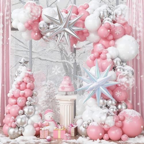 Kit d'arche de ballons roses au pays des merveilles d'hiver, 121 ballons roses et blancs métallisés argentés métallisés, ballons en aluminium pour Noël, princesse, anniversaire, décoration de fête