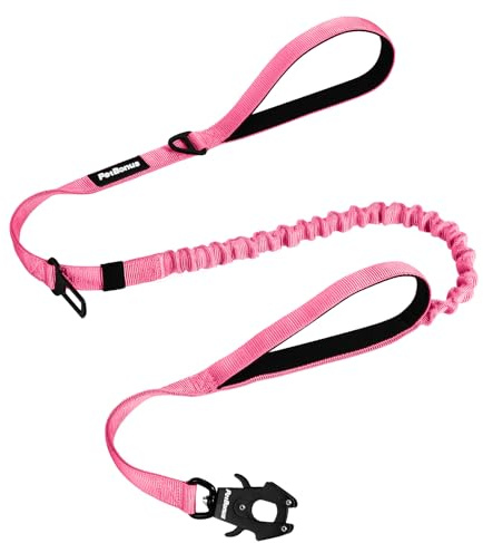 PetBonus kraftigt taktiskt hundkoppel, 150 cm bungeekoppel med 2 vadderade handtag, snabbkoppling, bilbältesfäste, dragfritt för stora och medelstora hundar (rosa)