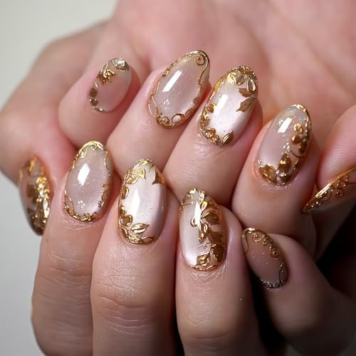 Auroriel 24 Stück Gold Leaf Press on Nails Rund Kurz Pink Réutilisables Acryliques Ongles Artificiels Press Ons Faux Ongles avec Gel Réutilisables pour Femmes