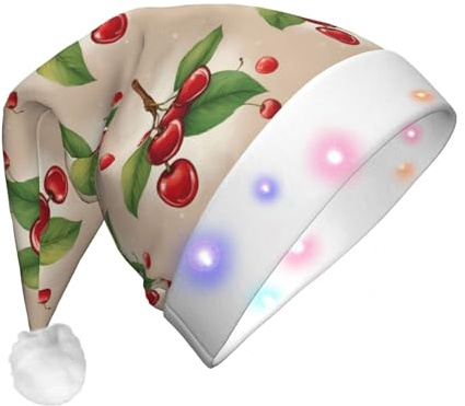 TTIGLHOH Bonito sombrero de Papá Noel de cerezo rojo dulce para disfraz de Navidad, gorro con luz LED para adultos, sombrero de Papá Noel para fiesta