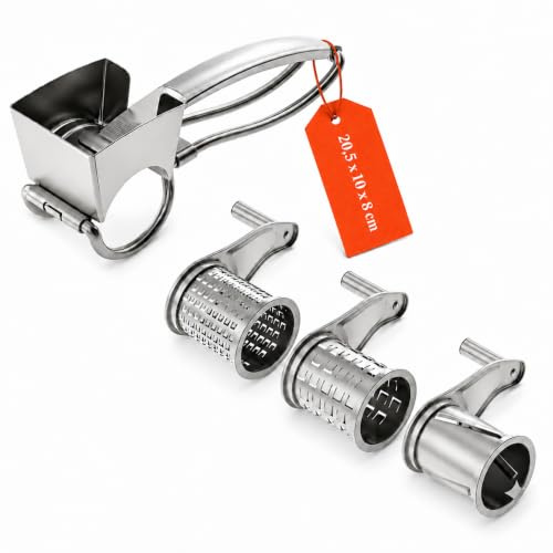 GSD Edelstahl Handreibe mit 3 Trommeln & Kurbel – Manuelle Gemüsereibe | Robuste Handreibe Kurbel aus Edelstahl mit drei scharfen Lasercut-Trommeln als vielseitiger Küchenhelfer