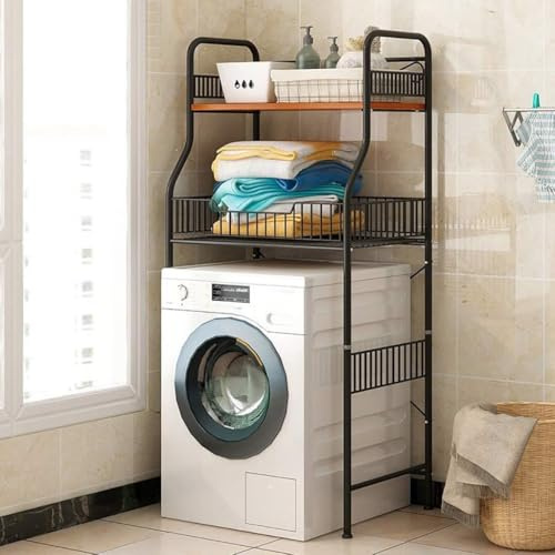 Torre de almacenamiento de baño de 2 niveles que ahorra espacio, para lavadora y secadora, cesta de lavandería, solución multifuncional para espacios pequeños