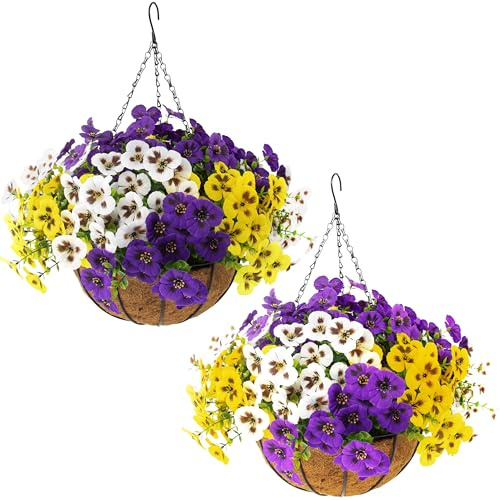 lovemoon 2 Sets Artificial Hanging Pansy Flowers with Baskets, 24 Pcs UV Resistant Faux Silk Pansy Outdoor Hanging Flower for Porch Patio Garden Home Spring Decor (2, White,Yellow,Purple)