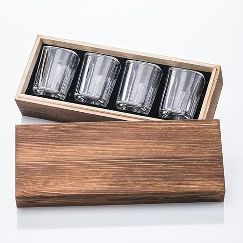 Hotplex 4-Piece Spirits Glass Set with Wooden Gift Box; 2.2 oz Clear Glassware; Whiskey and Brandy Tasting Glasses with Black Velvet Lining; high-end Spirits Set; Ideal Business and Gift for Men.