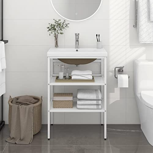 GeenYuu White Bathroom Washbasin Frame with Built-in Ceramic Basin, Powder-Coated Iron Vanity Stand, Modern Contemporary Design for Washroom Storage, 59x38x83 cm