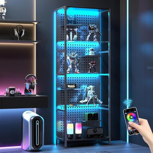 Jehiatek LED RGB Glasvitrine 4-stöckig, Offene Sammelvitrine mit Lochwand & App-Steuerung, Beleuchtete Regalvitrine Standvitrine für Actionfiguren, Sammlerstücke, Schwarz für Spielzimmer & Wohnzimmer