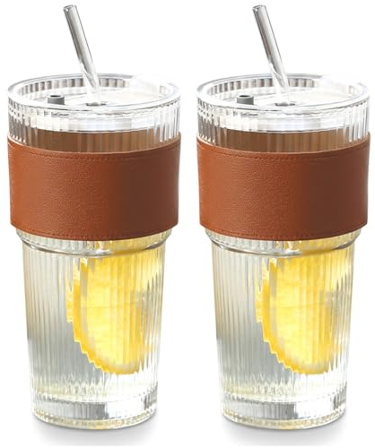Elyebxj Paquete de 2 vasos de vidrio con pajita y tapa, tazas de café helado de vidrio acanalado de 21 oz con funda, a prueba de fugas y portátiles para bebidas heladas